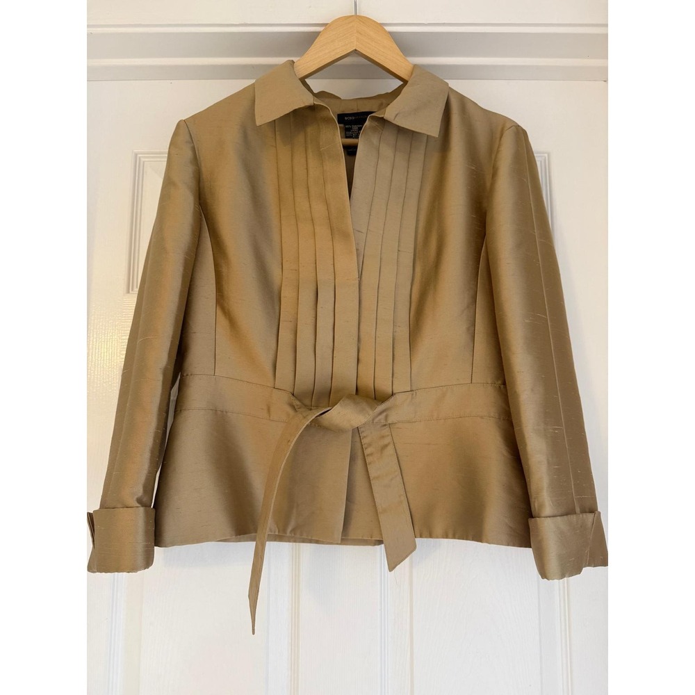 BCBGMAXAZRIA Gold Silk Dupioni Pleated Tie Waist Blazer Jacket Women Size 12